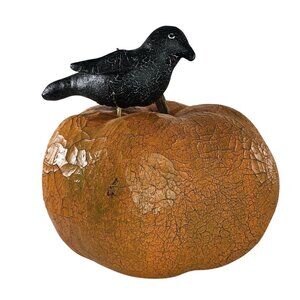 Natalie Silitch Black Crow Raven On Crackled Orange Pumpkin Halloween Folk Art